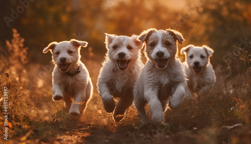 Three playful puppies running in a row through the meadow generated by AI