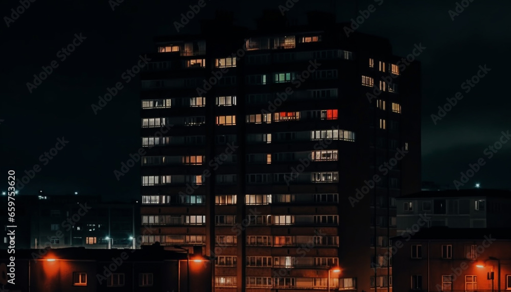 The modern city skyline glows with illuminated skyscrapers at dusk generated by AI