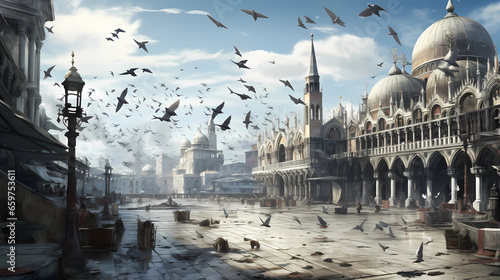 Plaza San Marco with pigeons gathered © Asep