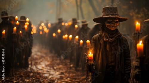 A zombie stands in the darkness of night, illuminated by a single candle they hold in their gloved hands, their hat casting a warm, inviting light on the outdoor scene