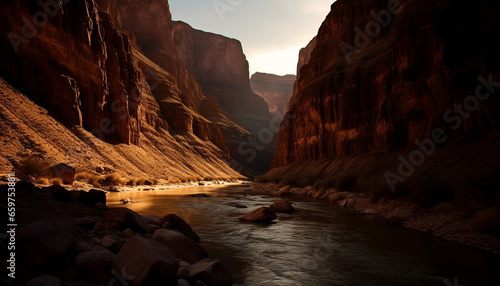 The majestic mountain range reflects in the tranquil riverbed generated by AI