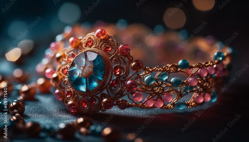 A shiny, elegant platinum necklace with precious gemstones and beads generated by AI A shiny, elegant platinum necklace with precious gemstones and beads generated by AI