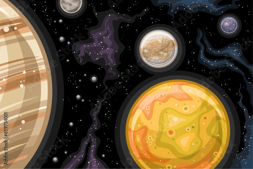 Vector Fantasy Space Chart, astronomical horizontal poster with cartoon design rotating Io moon and other satellites of Jupiter in deep space, decorative cosmo print on black starry space background