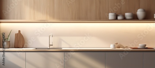 Minimalist interior concept with wood cabinet doors light grey illuminated niche sink stove and narrow shelf