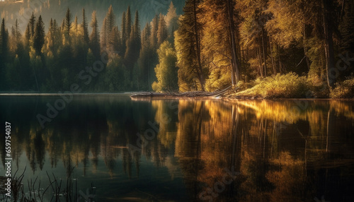 A tranquil scene of a forest pond reflects autumn beauty generated by AI