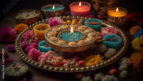 Traditional Hindu ceremony Diya oil lamp symbolizes spirituality and love generated by AI