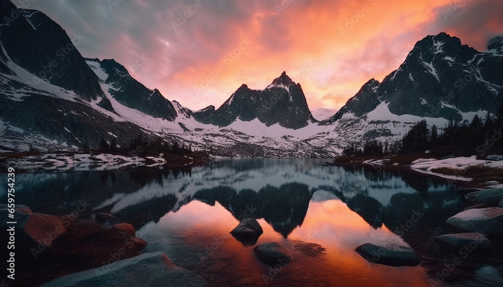 Majestic mountain range reflects tranquil scene at dusk, a beauty in nature generated by AI