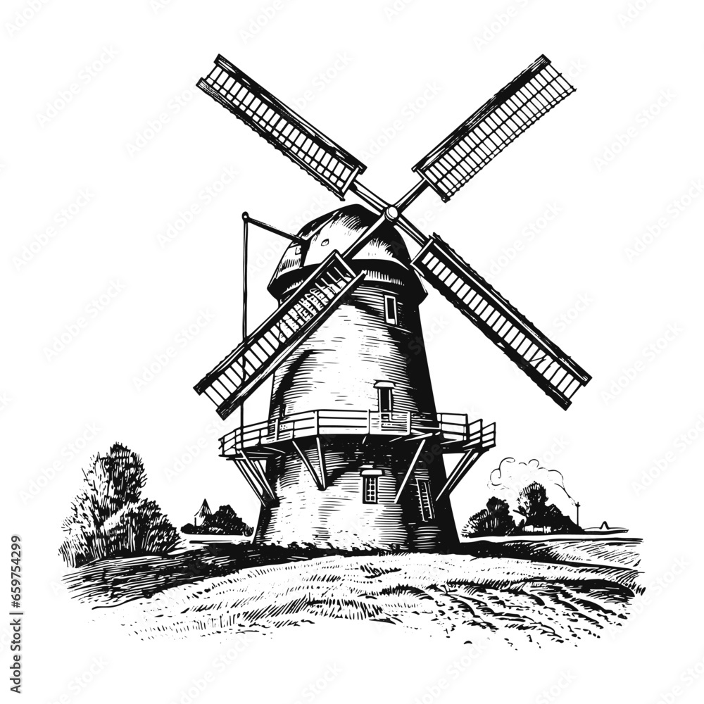 Windmill vintage engraving drawing vector illustration