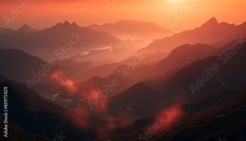 Majestic mountain range silhouetted against tranquil sunset, a panoramic beauty generated by AI