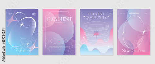 Idol lover posters set. Cute gradient holographic background vector with vibrant color, circle, sparkle, halftone texture. Y2k trendy wallpaper design for social media, cards, banner, flyer, brochure.