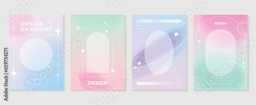 Idol lover posters set. Cute gradient holographic background vector with pastel color, sparkle, border, star. Y2k trendy wallpaper design for social media, cards, banner, flyer, brochure.