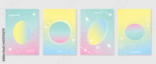 Idol lover posters set. Cute gradient holographic background vector with pastel color, circle, sparkle, border. Y2k trendy wallpaper design for social media, cards, banner, flyer, brochure.