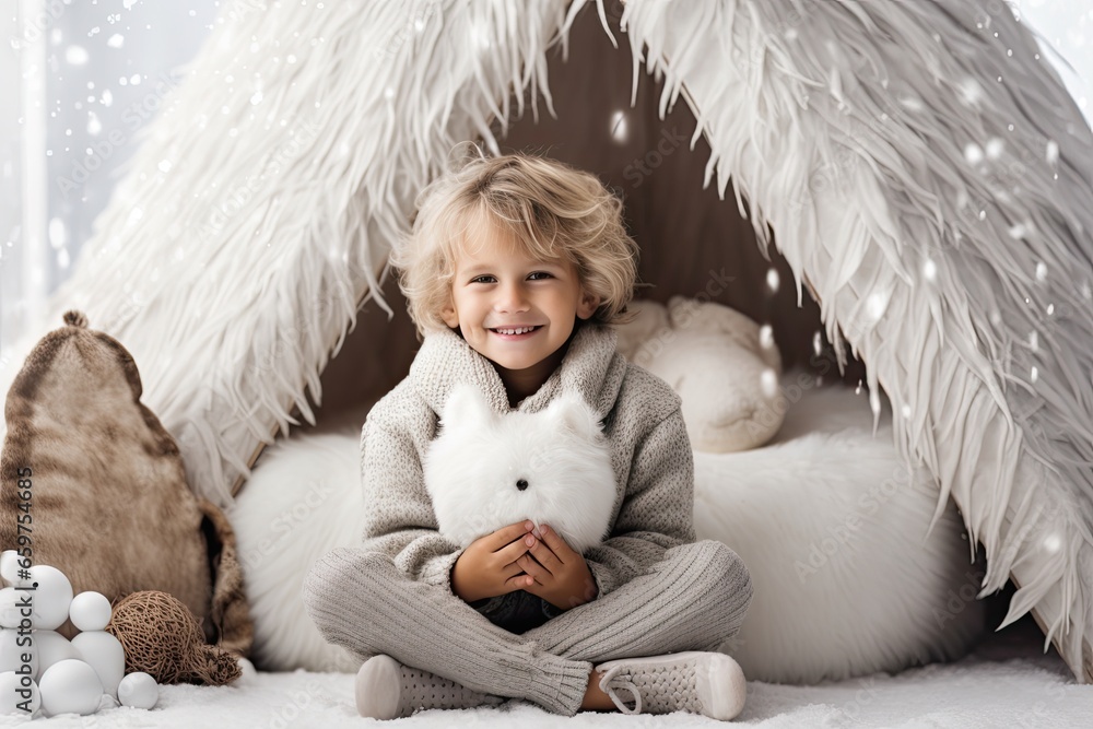 Obraz premium Adorable little boy in festive attire sitting in cozy white wigwam, joyfully holding wooden heart in Scandinavian-inspired Christmas interior.