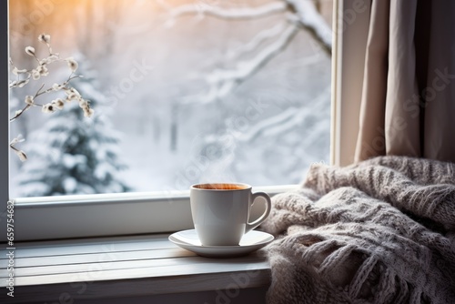 A cup of tea, a book and a warm knitted blanket on the windowsill, close-up. Winter outside, cozy room