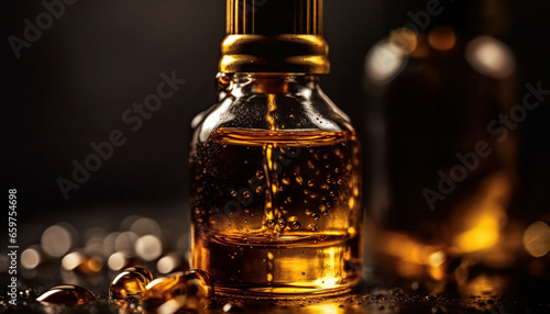 Herbal medicine tincture in gold vial for relaxation and wellbeing generated by AI