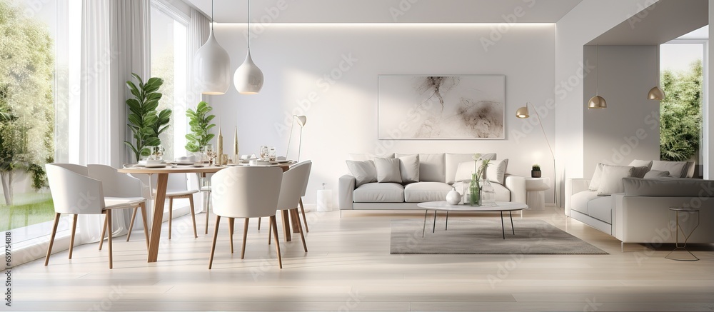 Luxurious white themed studio apartment dining room - obrazy, fototapety, plakaty 