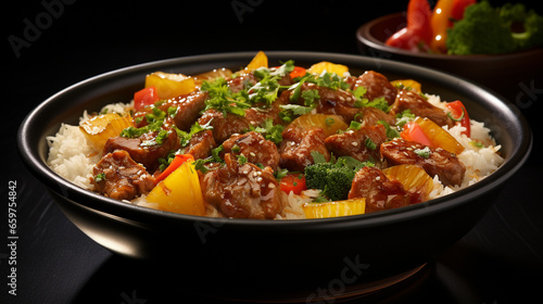 Plate of sweet and sour pork with bite sized pieces UHD wallpaper Stock Photographic Image