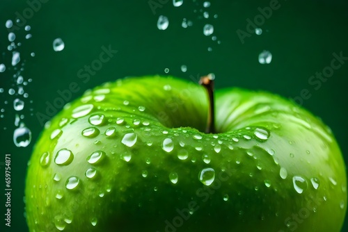 Green apple with water drops on green background. Wet apple. Organic Fresh Granny smith apple. Healthy fruit food. Macro close-up. Food Photography. Good for poster, billboard or backdrop
