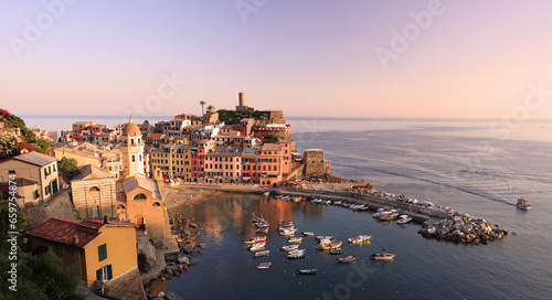 Aerial view of Vernazza vilagge on Mediterranean coast at sunset, Cinque Terre, Italy