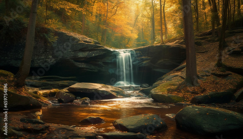 Tranquil scene of flowing water in autumn forest, majestic beauty generated by AI © Jeronimo Ramos