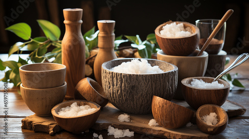 Natural and eco friendly coconut shell bowl and spoon UHD wallpaper Stock Photographic Image