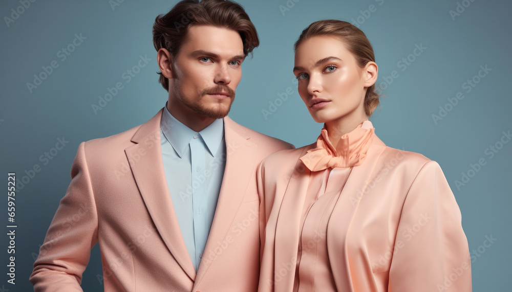 Two elegant businessmen and businesswomen in suits exude confidence and success generated by AI Two elegant businessmen and businesswomen in suits exude confidence and success generated by AI