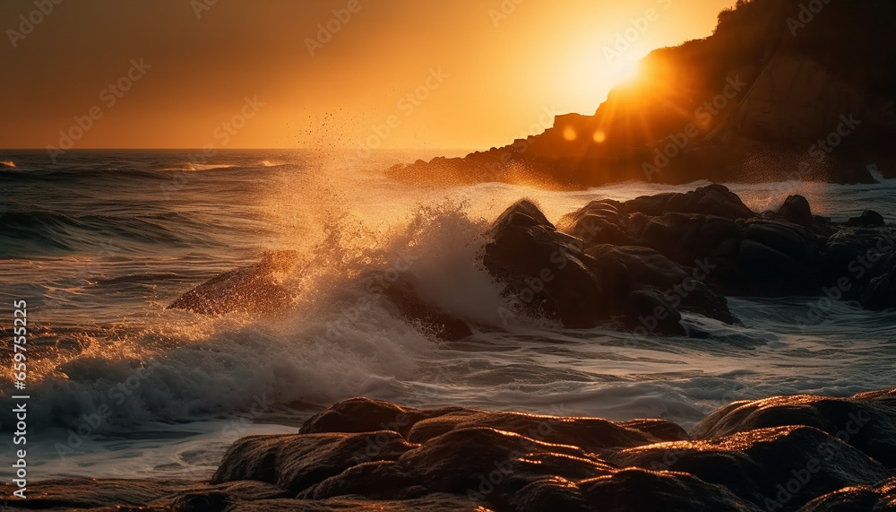 Sunset over tranquil seascape, waves breaking on rocky coastline generated by AI