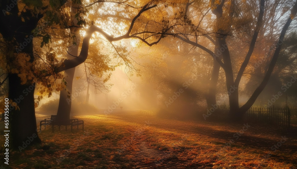 The tranquil autumn forest glows with vibrant gold sunlight generated by AI