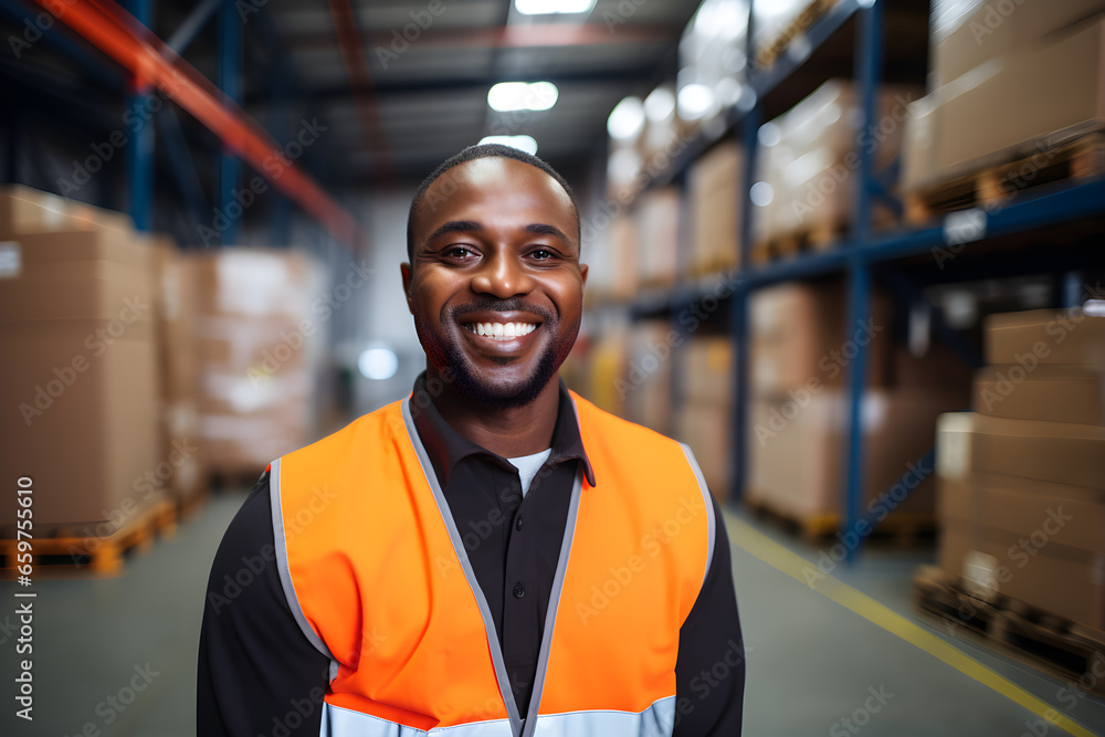 Happy worker black man factory manager working in warehouse while smiling and looking at camera Happy worker black man factory manager working in warehouse while smiling and looking at camera