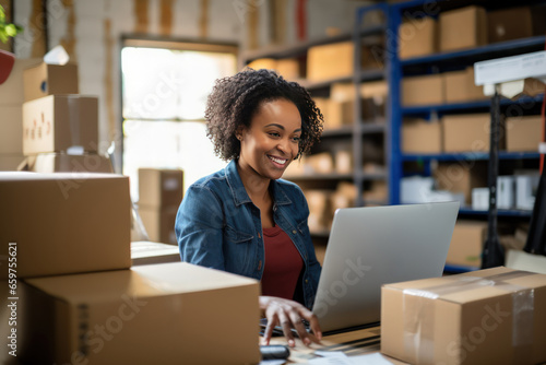 Online store seller during an online conversation with a buyer. A middle aged black woman sits in a warehouse of packaged products and communicates with a customer. Preparing to send an online order. photo