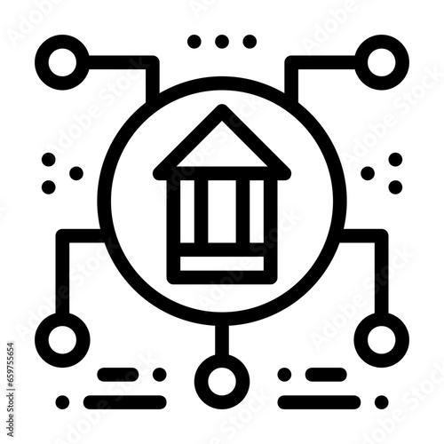 Branch office icon in outline style, represented by a building with branching lines