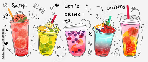 Fresh smoothies and sparkling drinks design with cute doodle decoration. Fruit refreshment and soft drinks in glasses. Vector illustration blended smoothie for logo, ads, promotion, marketing, banner.