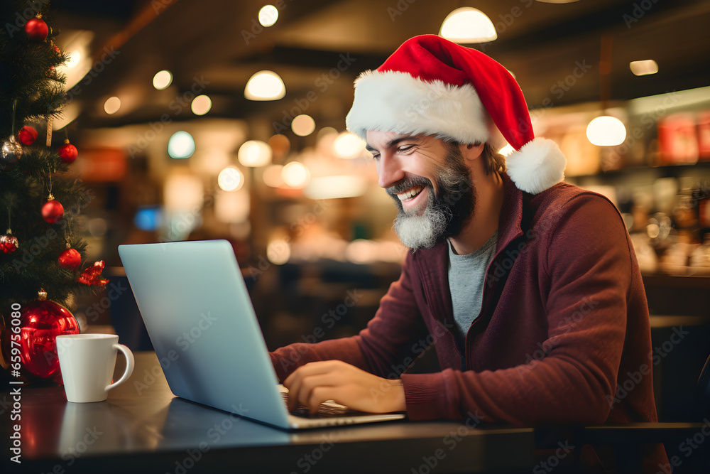happy man in Santa hat using laptop in cafe happy man in Santa hat using laptop in cafe