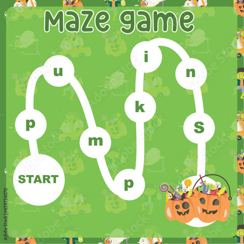 Maze game worksheet for kids with Halloween theme. Worksheet for learning English. Educational activity for children. Simple educational printable worksheet. Vector illustration.