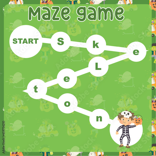 Maze game worksheet for kids with Halloween theme. Worksheet for learning English. Educational activity for children. Simple educational printable worksheet. Vector illustration.