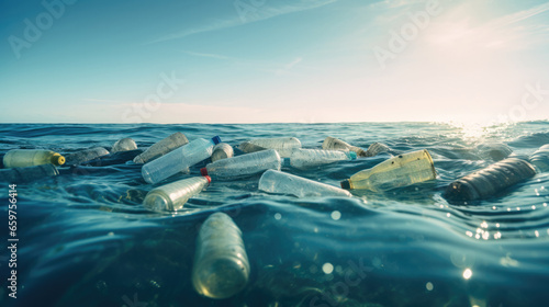 Plastic bottles and trash floating in the ocean photo