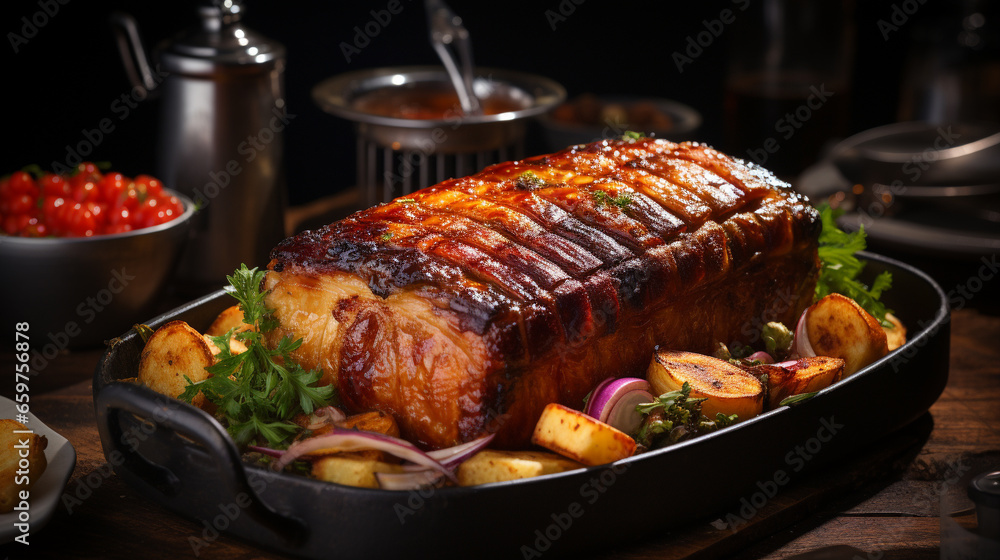 Traditional roast pork dish such as roasted porchetta UHD wallpaper Stock Photographic Image