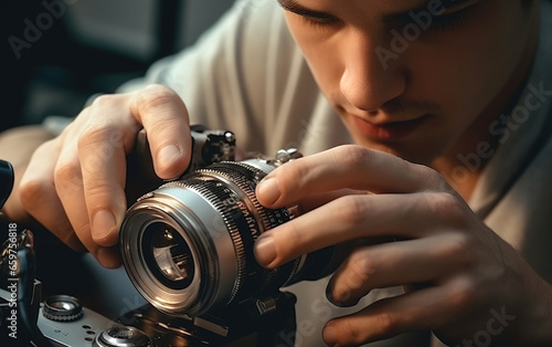 A male technician repairing photo lens
