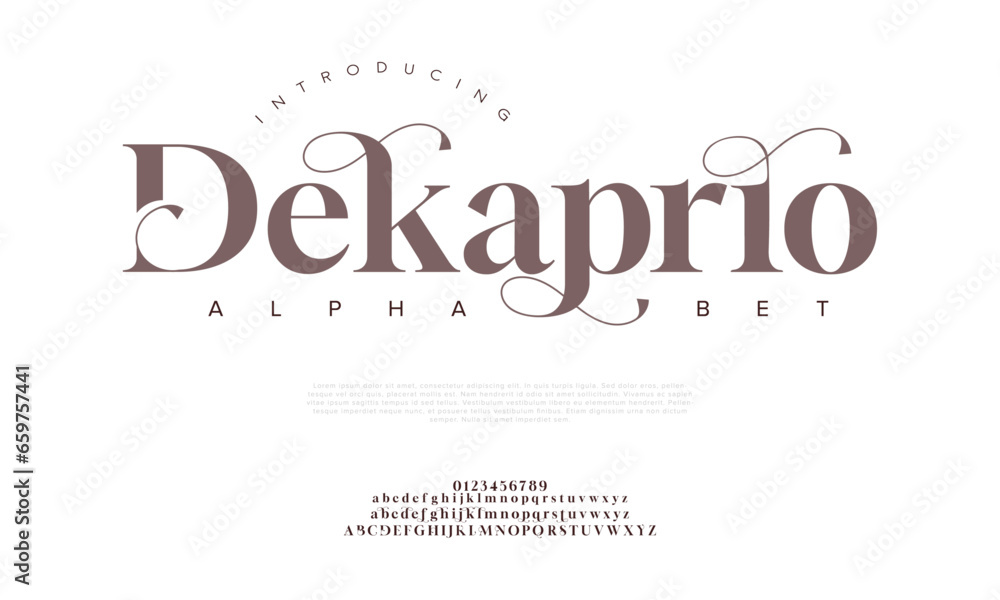 Decaprio premium luxury elegant alphabet letters and numbers. Elegant wedding typography classic serif font decorative vintage retro. Creative vector illustration