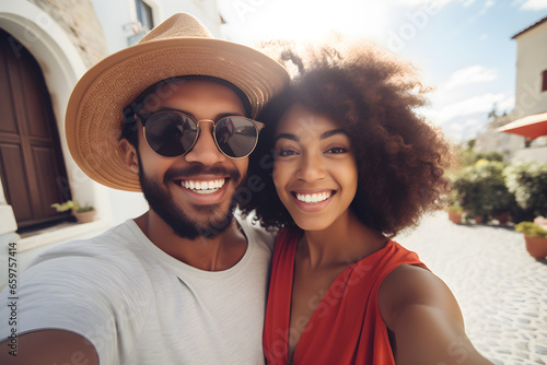 Happy black couple taking selfie outside on vacation - Beautiful boyfriend and girlfriend having fun on summer holiday © sam