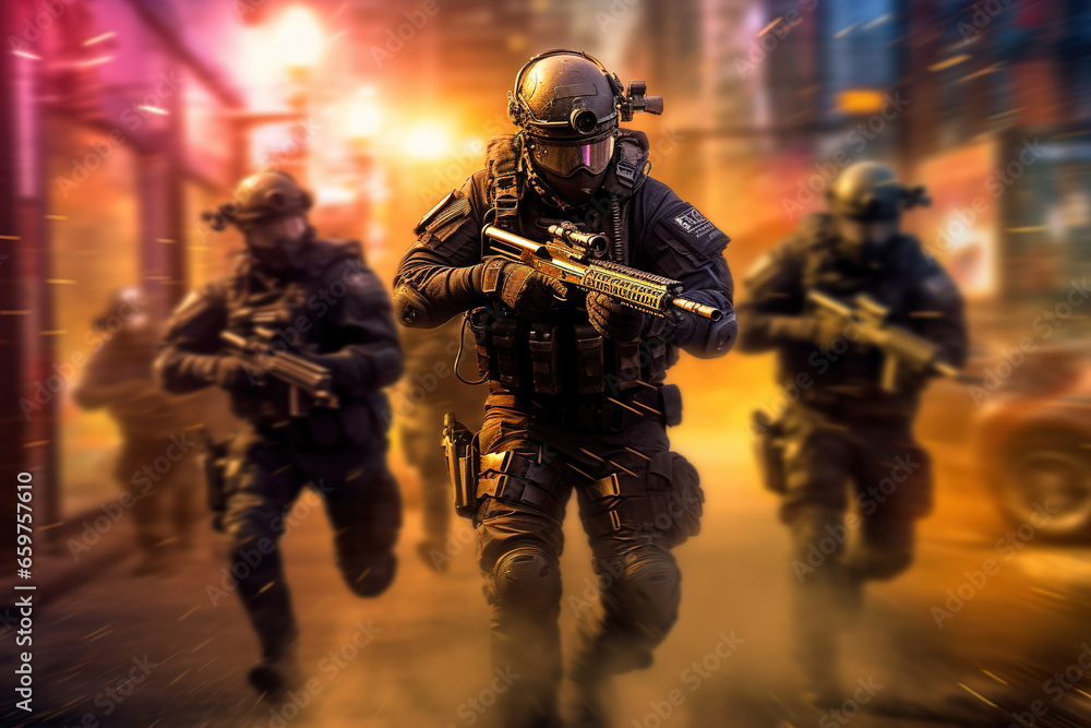 SWAT, rapid response squad running, blurred motion. Photorealistic illustration SWAT, rapid response squad running, blurred motion. Photorealistic illustration
