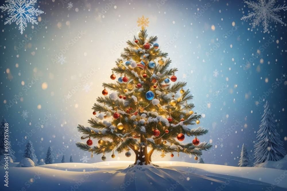 Blurred Shiny Lights and Baubles Adorning Christmas Tree with Bokeh Effect, copy space text. backgrounds