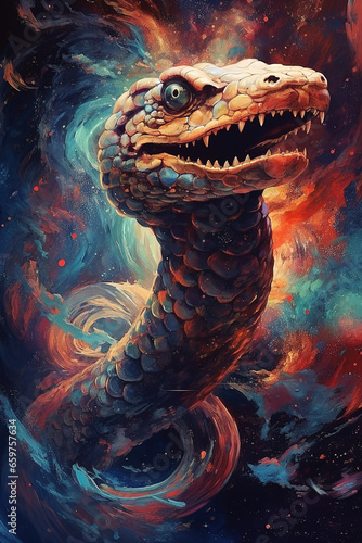 Fantasy snake surrounded colorful  fractal elements ai generated illustration