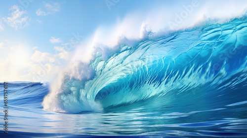 Seascape close-up. Stunning blue ocean wave at sunny day