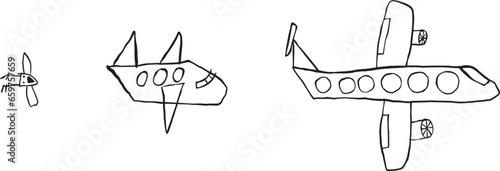 Naive Hand Drawing Airplane for Kindergarten Posters and Banners. Line art Vector Illustration Children Kids Style. 