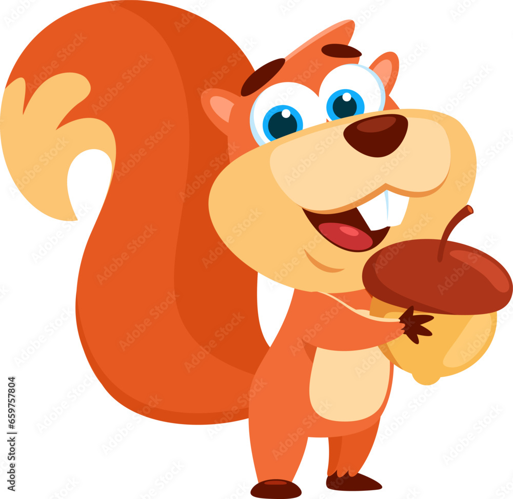 Fototapeta premium Cute Squirrel Cartoon Character Holding A Acorn. Vector Illustration Flat Design Isolated On Transparent Background