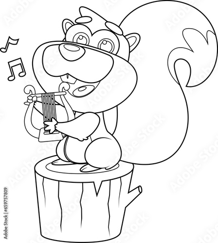 Outlined Cute Squirrel Cartoon Character Sing A Song With Harp. Vector Hand Drawn Illustration Isolated On Transparent Background