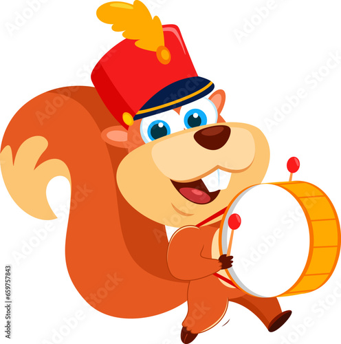 Cute Squirrel Drummer Cartoon Character With Drum And Drumsticks Walking On Parade. Vector Illustration Flat Design Isolated On Transparent Background