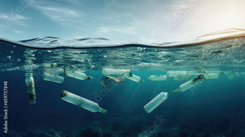 Plastic bottles floating in the ocean polluting the environment
