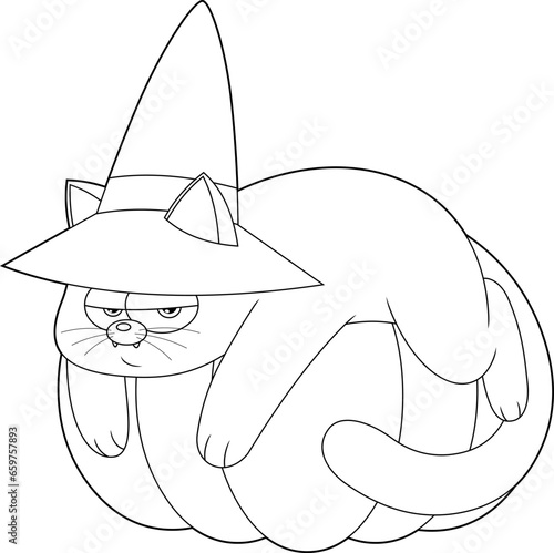 Outlined Witch Black Cat Cartoon Character Sitting On Pumpkin. Vector Hand Drawn Illustration Isolated On Transparent Background